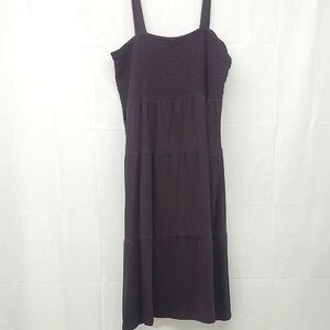 Nap House Dress Shirred Bodice Long Calf Length Dark Brown Shift Style Milkmaid